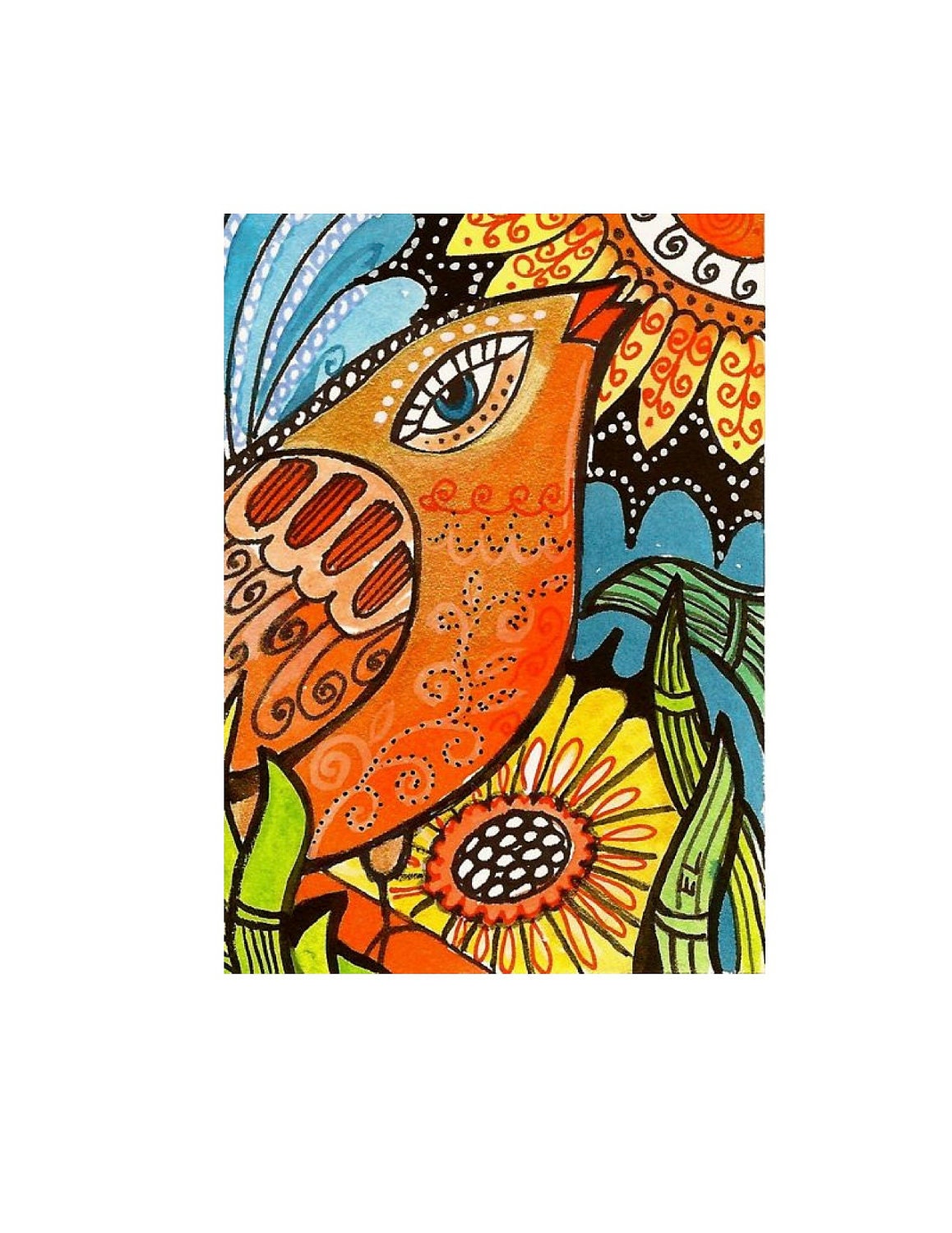 Bird in Flowers Art Print  from Original Watercolor Painting Wall Art-Room Decor Modern Orange Blue Spring