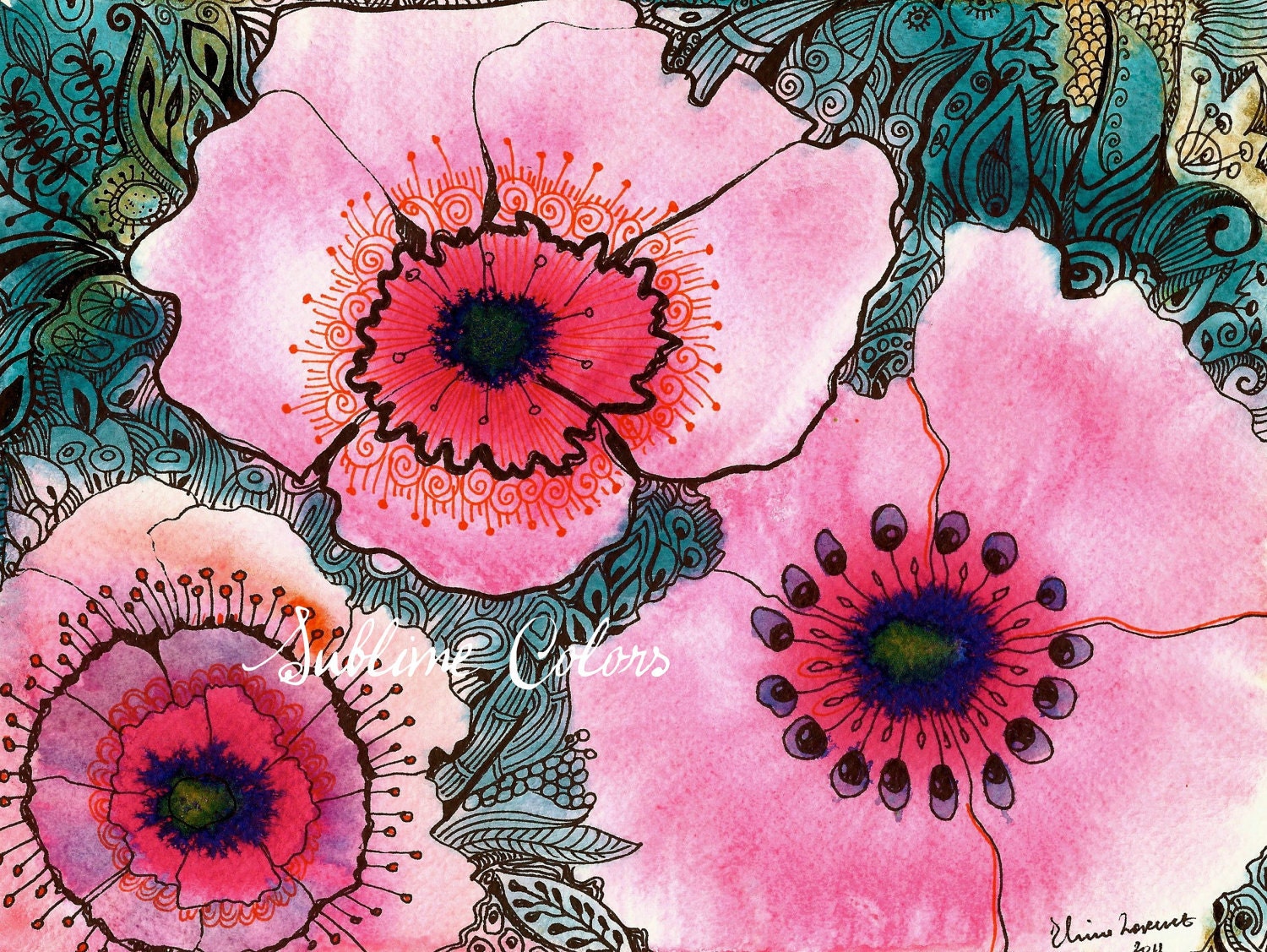 Art print from Original watercolor painting by Elina Lorenz "Pink Poppy Flowers"