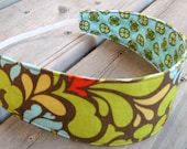 Women Reversible Fabric Headband - Heather Bailey Pop Garden cotton lime blue flowers clover stocking stuffer - Bandeau pour femme