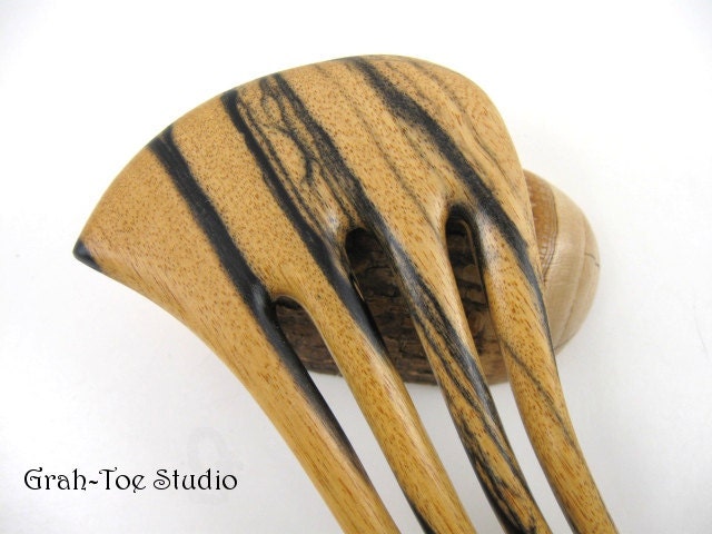 Black and White Ebony Wood Hair Fork Grahtoe Handmade Mini Nefertari