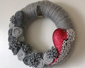 Heart Wreath, Love Wreath, Modern Wreath, Small 10 inch size, Red and Gray Wreath - MADE TO ORDER