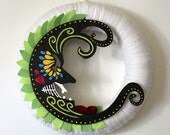 Moon Wreath, Painted Wreath, Day of the Dead Inspired Wreath, Yarn and Felt Wreath, 14 inch size - READY TO SHIP
