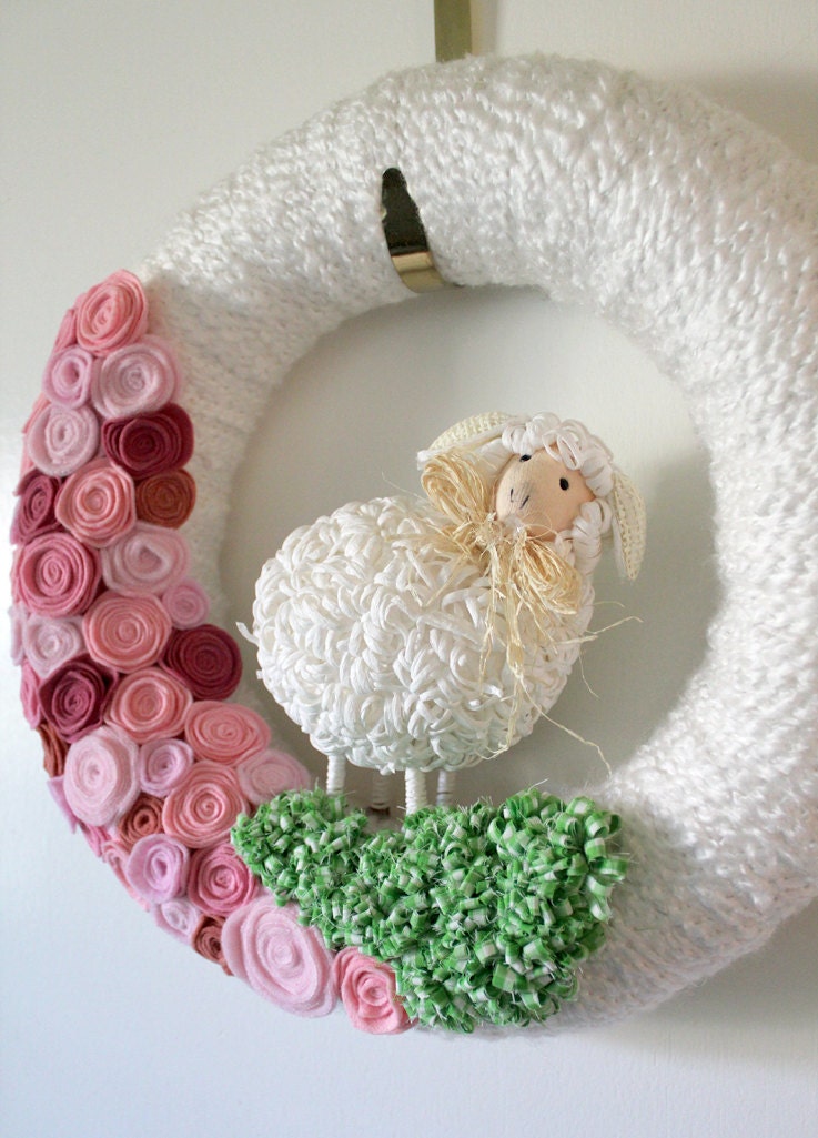 Nursery Lamb Wreath, Pink and White, 14 inch size - MADE TO ORDER