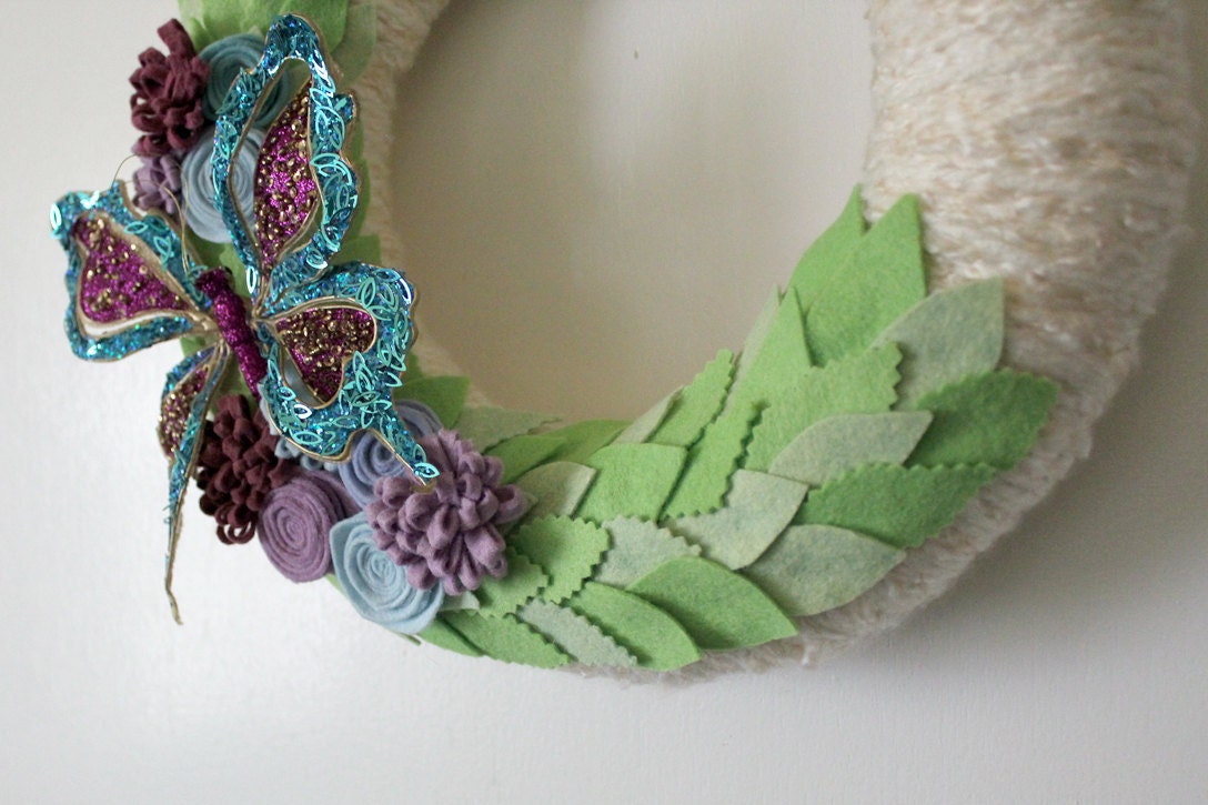 Butterfly Wreath, Blue and Purple Wreath, Yarn and Felt Wreath, 12 inch size