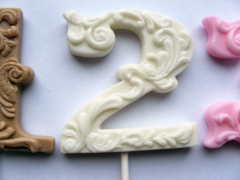 3" fancy filigree number hard candy lollipops use for wedding escort cards
