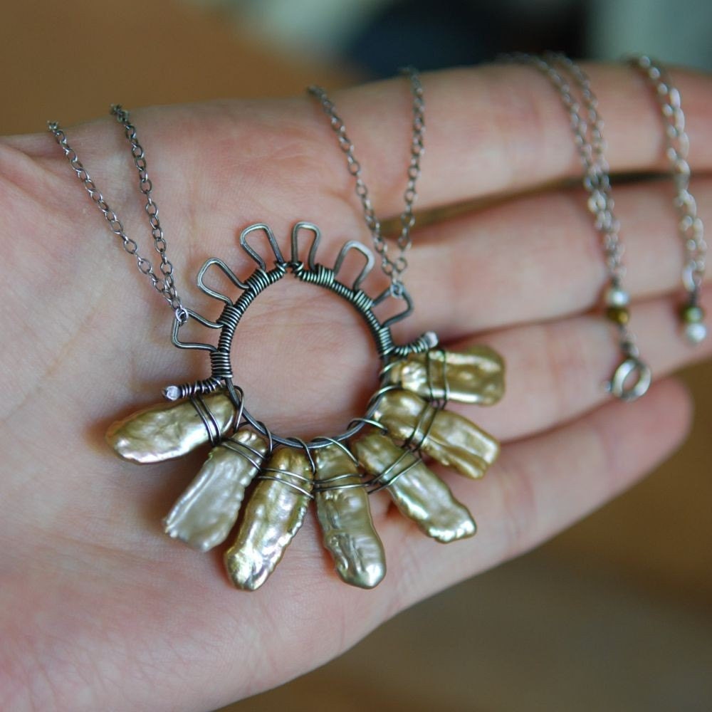 Artisan Sterling Silver and Biwa Pearls Necklace - Falling Sun, Oxidized, Handmade