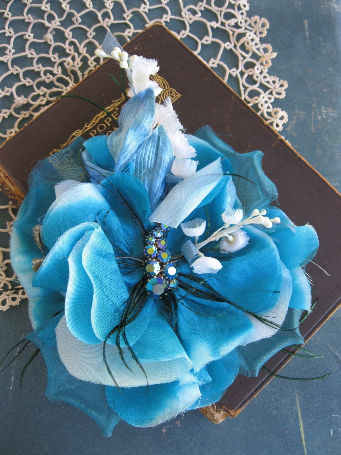 Peacock hair flower, something blue, vintage bridal fascinator, wedding headpiece, vintage rhinestones, Ships in 1-3 days