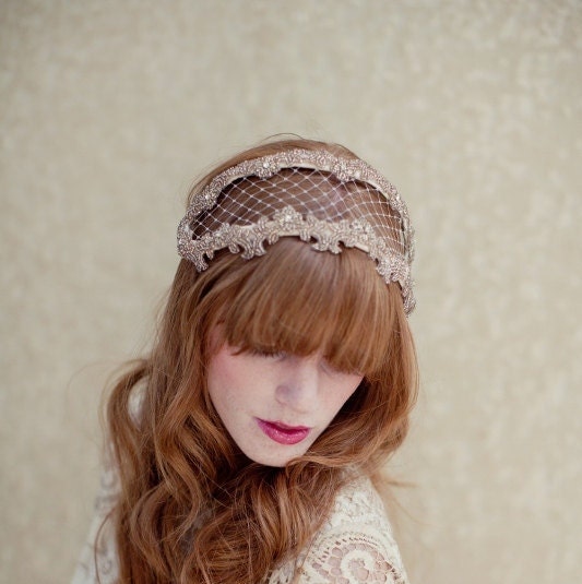 Bridal headpiece, beaded headband, bridal headband, wedding head piece, veil, Angie Ships in 1 Month