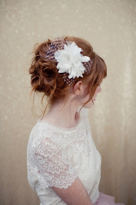 Bridal Fascinator, birdcage veil, bridal headpiece, wedding headpiece, white head piece, Fergie Ships in 1 Month