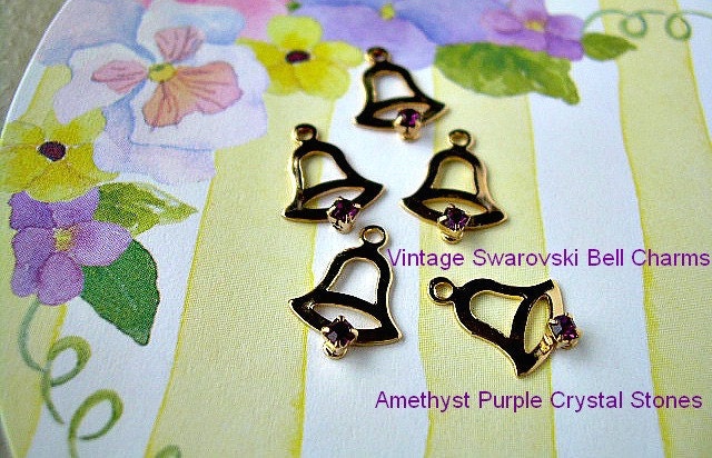 5 Vintage Swarovski Rhinestone Bell Charms Amethyst Purple Goldplated Finding