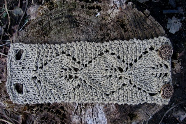 Leaf Lace Cuff Handmade in Oatmeal Irish Linen Hand Knit Fiber Jewelry by Textilesone Ready to Ship