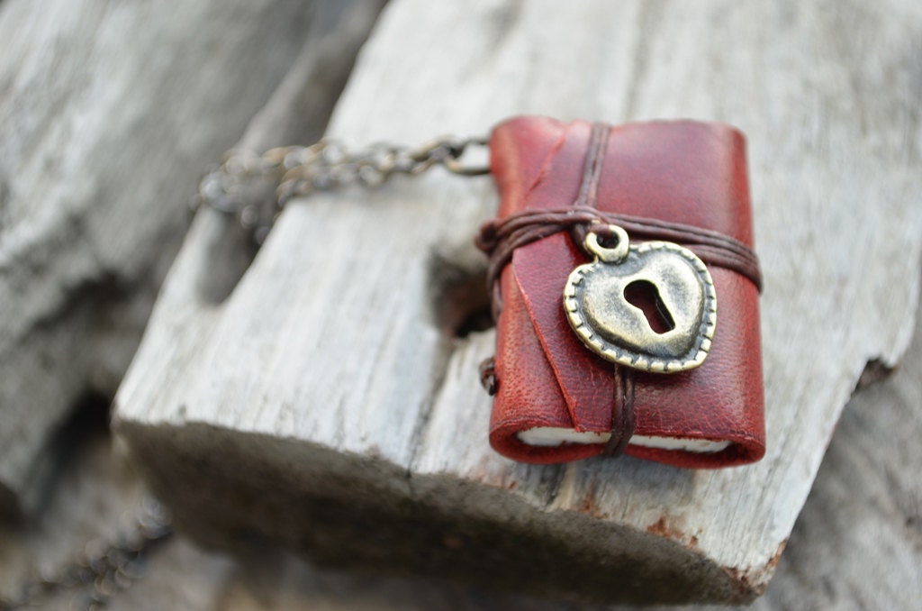 MiniatureBook Necklace Lock Heart & Maroon Color leather