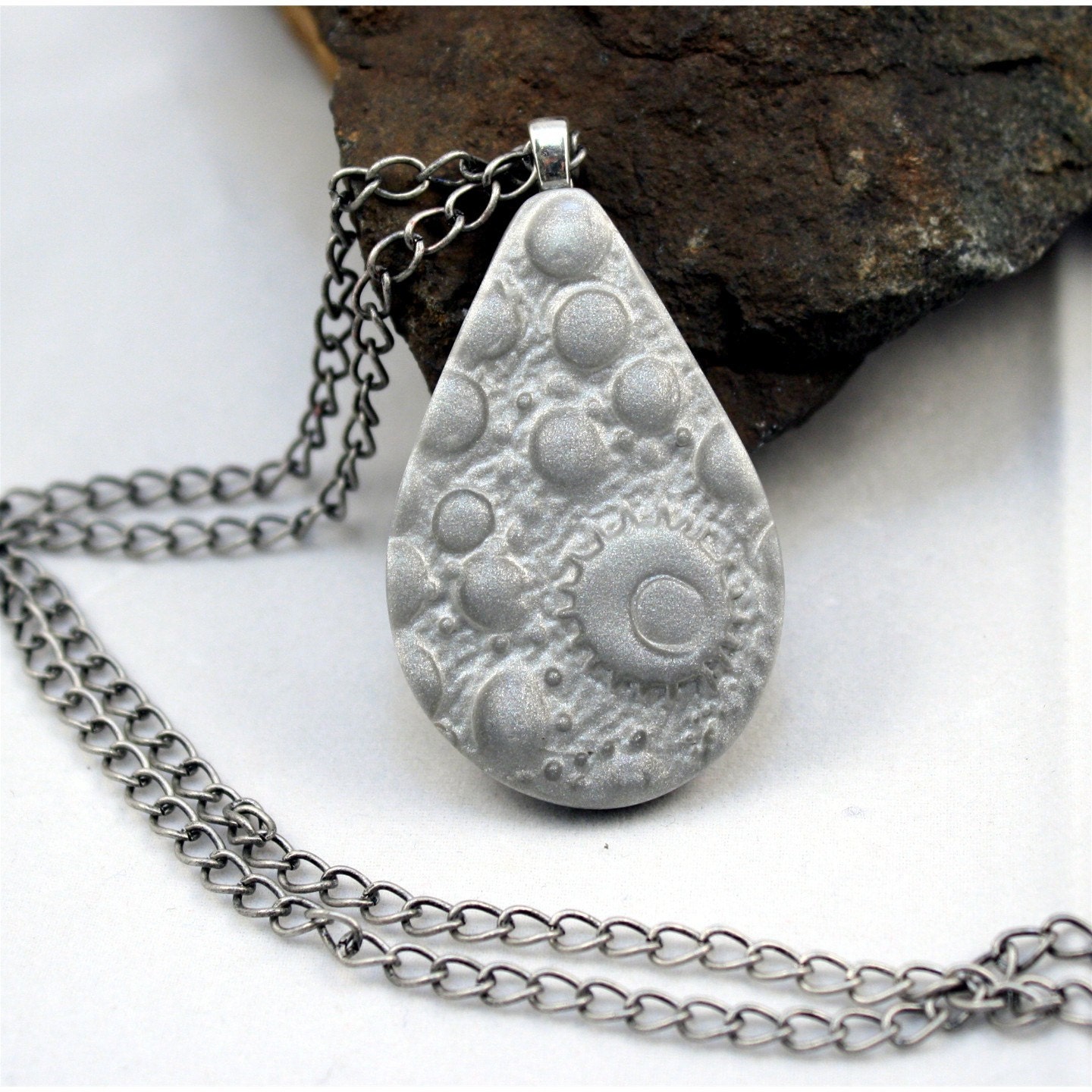 Polymer clay jewelry, pendant, beautiful silver mica shift technique, antique silver necklace