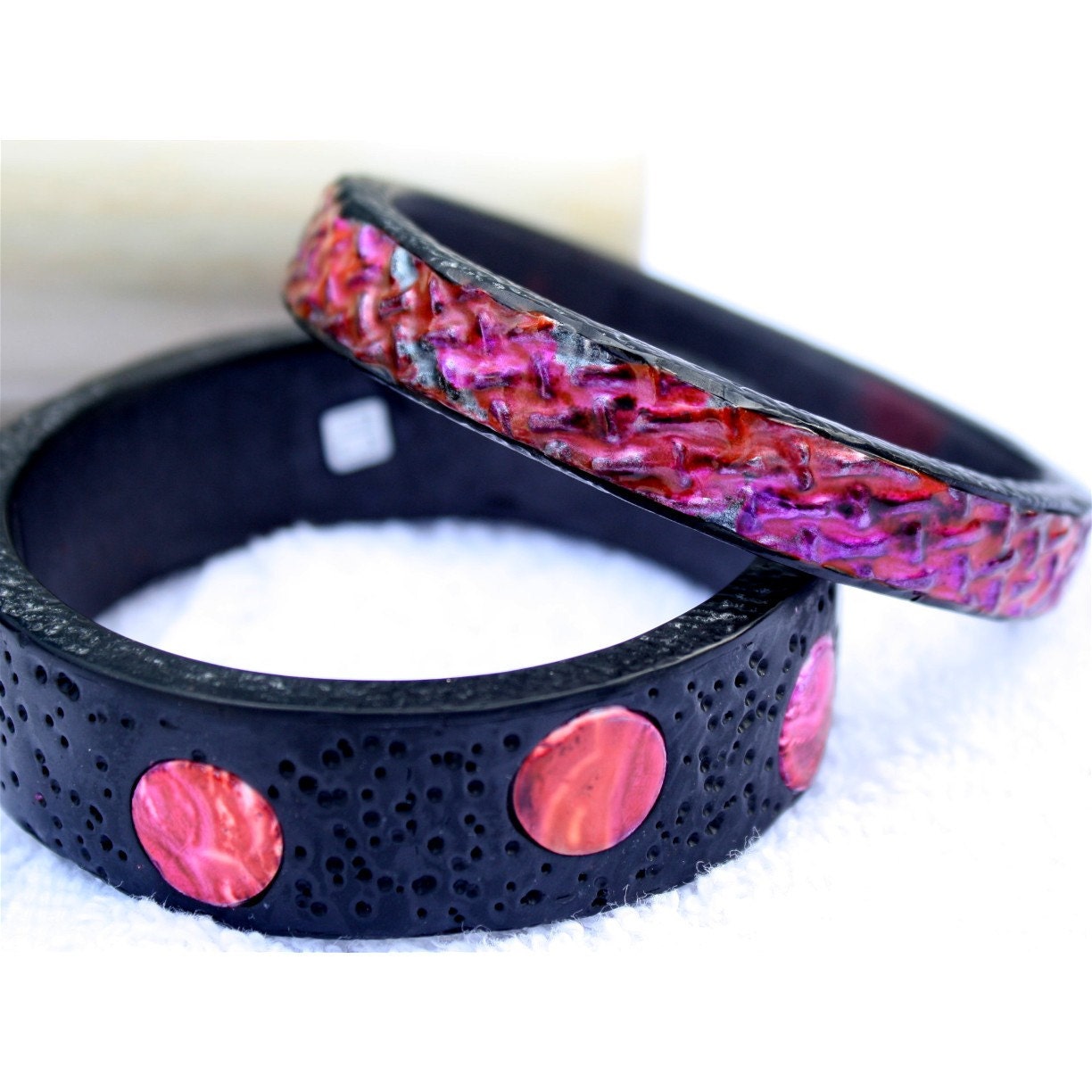 Polymer clay bracelets, OOAK design, inks and mica powders. dots and texture