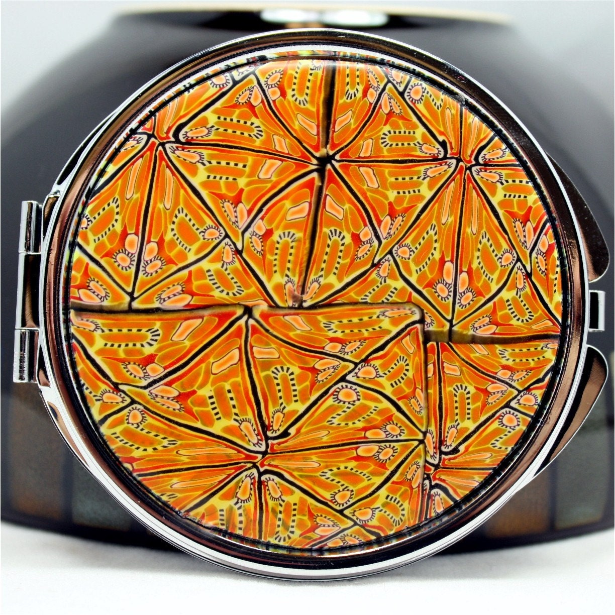 Polymer clay covered compact mirror,pocket mirror, purse mirror, gift giving, round mirror kaleidoscope cane design