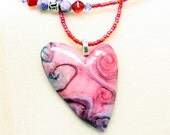 Polymer clay heart necklace, rockypath pendant, beaded necklace with Swarovski crystals, seed beads