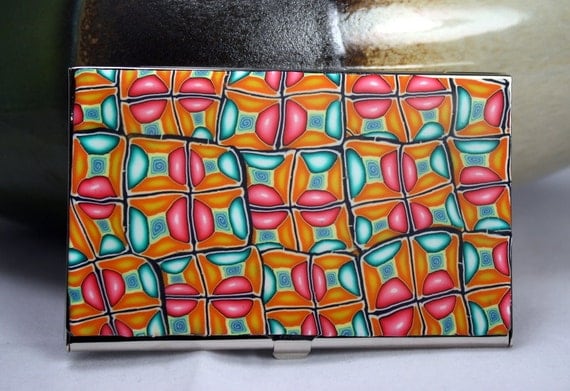 Business card holder, Polymer clay covered business card holder, deluxe metal wallet, beautiful pattern top