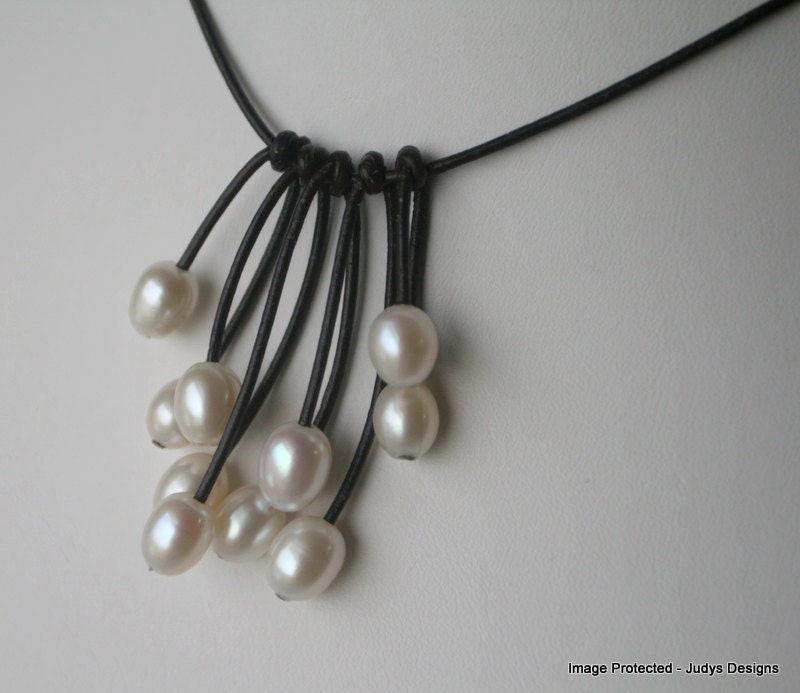 White pearl leather necklace, cascade style on brown leather