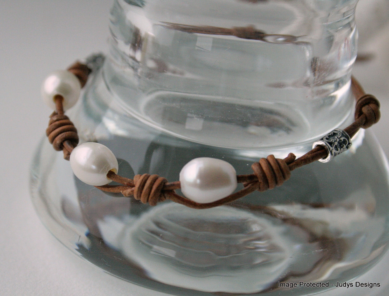 Leather & pearl bracelet, tan leather, white pearl, sterling silver