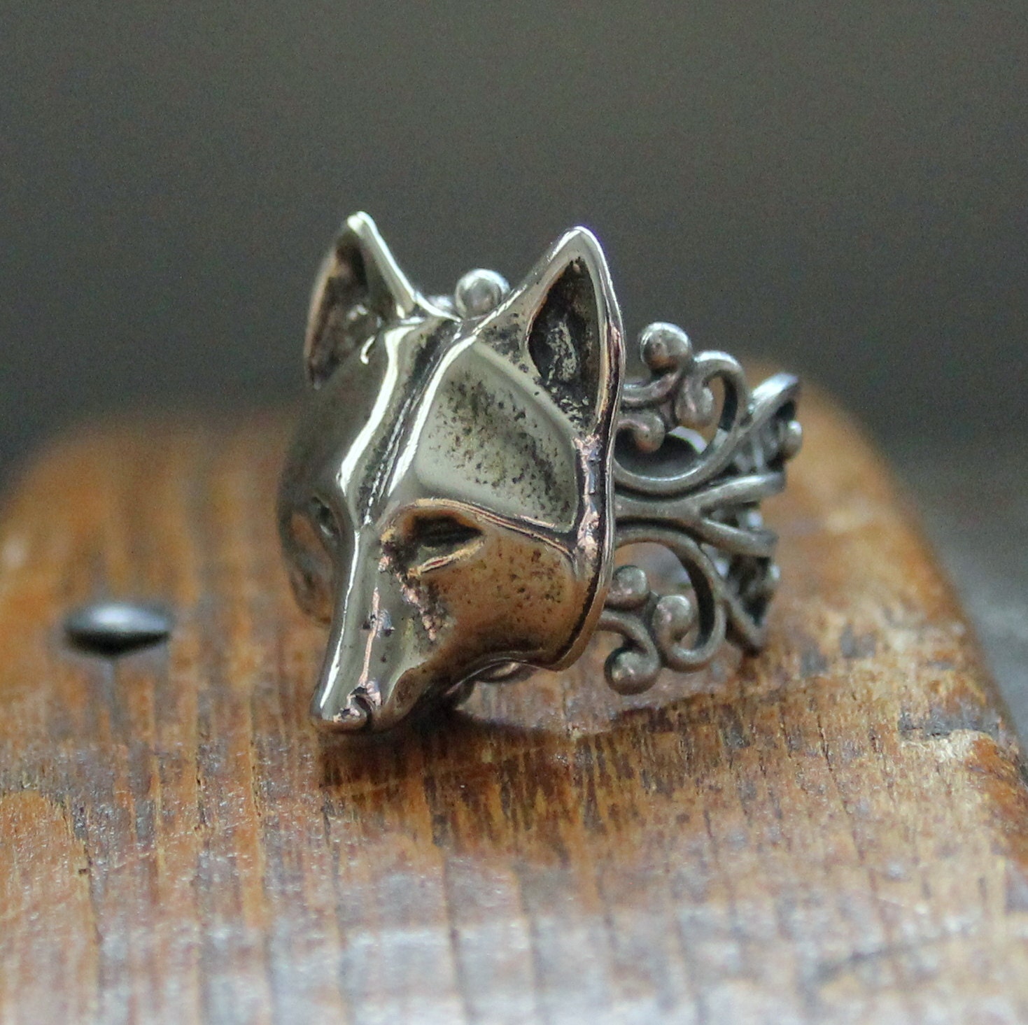 Silver Wolf Mask Ring Adjustable Filigree In White Bronze