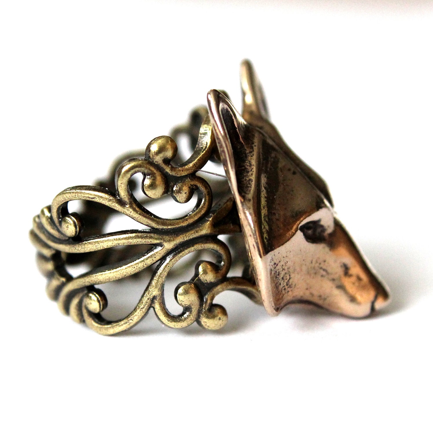 Golden Wolf Mask Ring Adjustable Filigree In Bronze