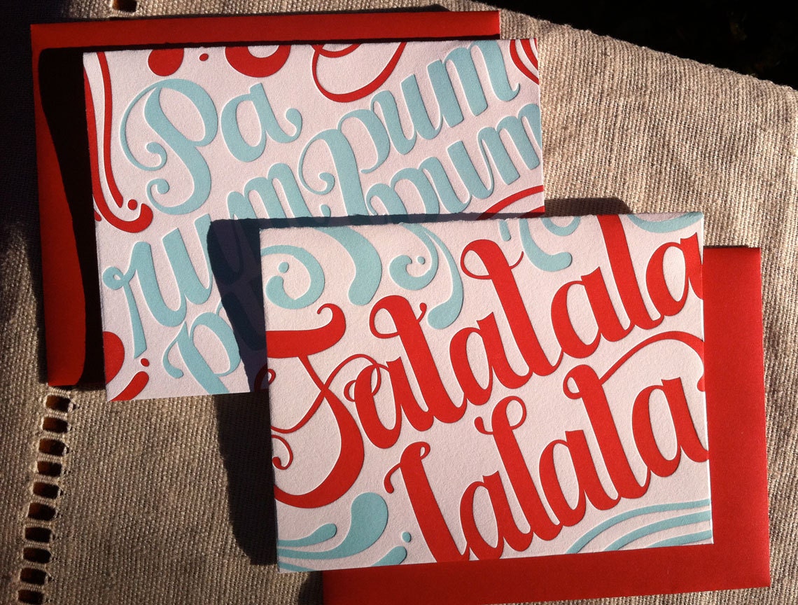 2 pack Variety Letterpress Holiday Cards (red and light blue) - Falalalala & Parumpumpumpum