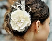 Custom ivory or white bridal flower with feathers and pearls - BELMONT no.38