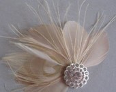 Champagne ivory peacock feather hair clip with rhinestones - QUINCY no.15
