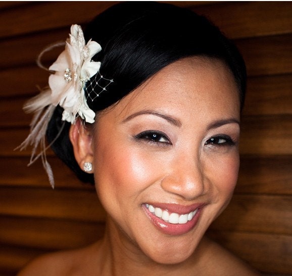 Hair flower with rhinestones, vintage lace and feathers - CHICAGO no.74