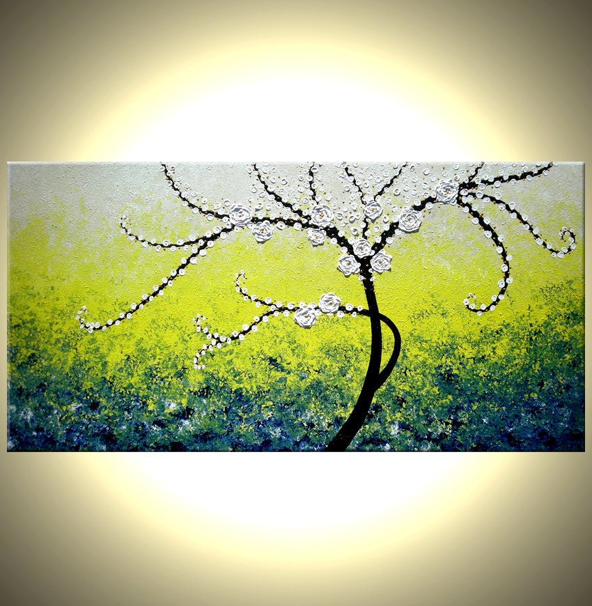 ORIGINAL XLarge 4ft x 2ft gallery wrap canvas contemporary impasto tree painting modern abstract floral painting by Dan Lafferty Free Ship