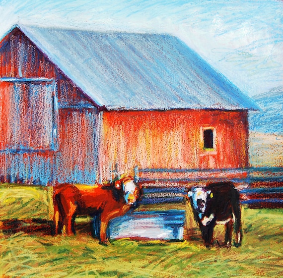 Cow Painting, 12 x 12 Original Oil Pastel, Down on the Farm by BethanyBryant