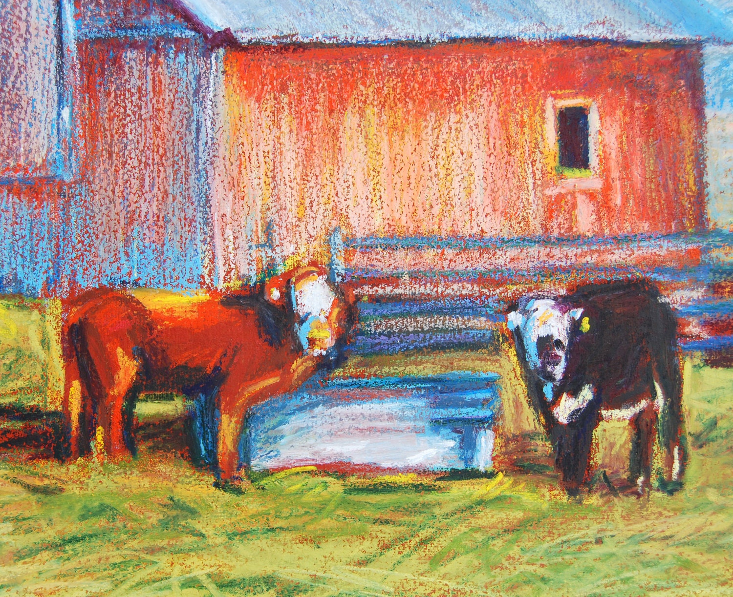 Cow Painting, 12 x 12 Original Oil Pastel, Down on the Farm by BethanyBryant