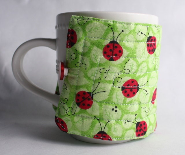 coffee cup cozy red ladybugs fabric java jacket, mug cozy reuseable eco friendly, green: ladybugs