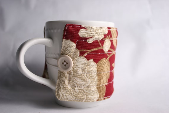 red and beige floral mug cozy, coffee cup cozy fabric java jacket, mug cozy reuseable eco friendly,