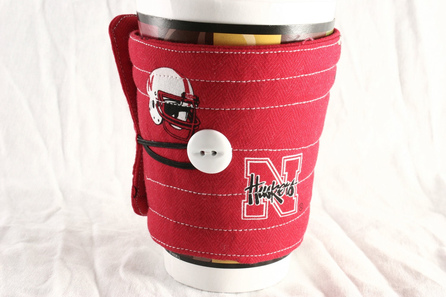 Cornhusker coffee cozy, coffee cup cozy, coffee cup sleeve, coffee cuff, fabric, team cozy