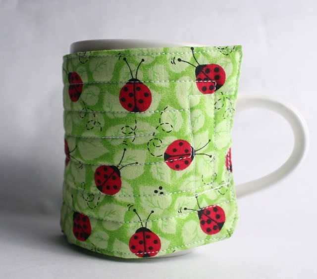 coffee cup cozy red ladybugs fabric java jacket, mug cozy reuseable eco friendly, green: ladybugs
