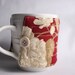 red and beige floral mug cozy, coffee cup cozy fabric java jacket, mug cozy reuseable eco friendly,