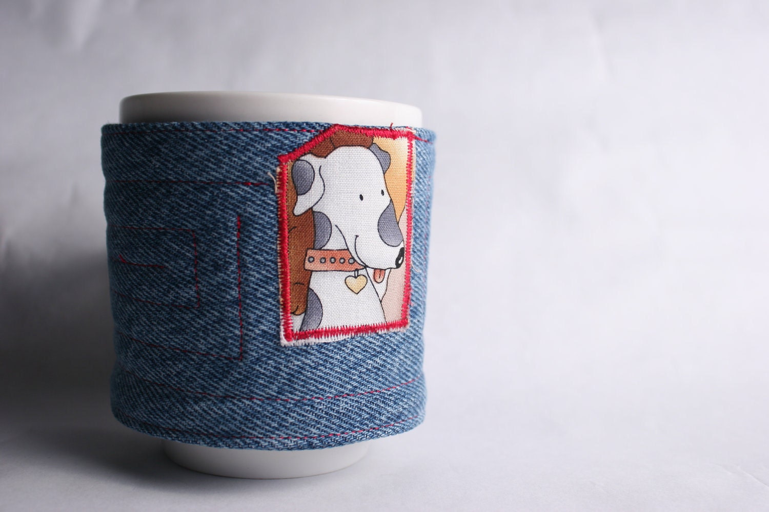 coffee mug cozy coffee cup cozy fabric blue denim recycle upcycle reuseable eco friendly: dog
