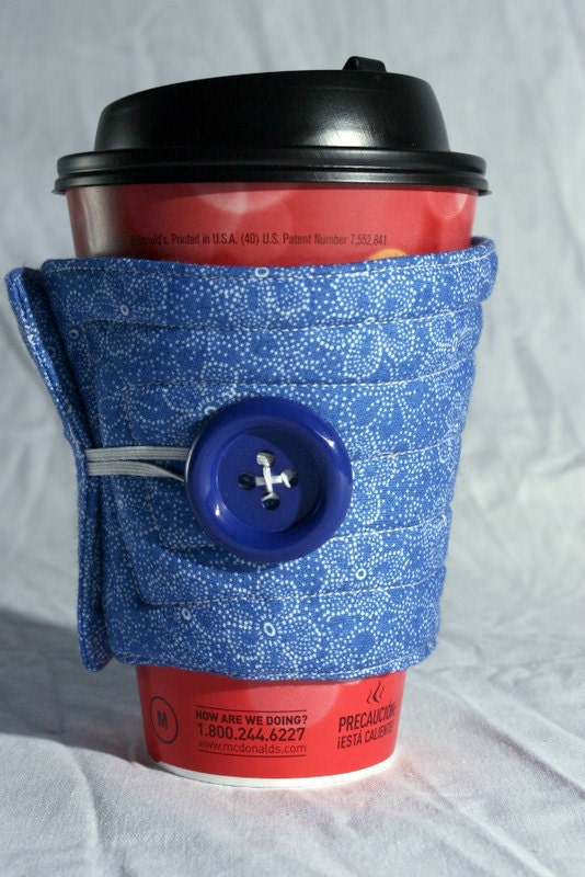 Coffee cup sleeve, coffee cup cozy quilted fabric reuseable eco friendly: Blue and white floral