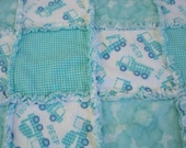 Marked Down Construction Vehicles in Teal Flannel Rag Edge Quilt