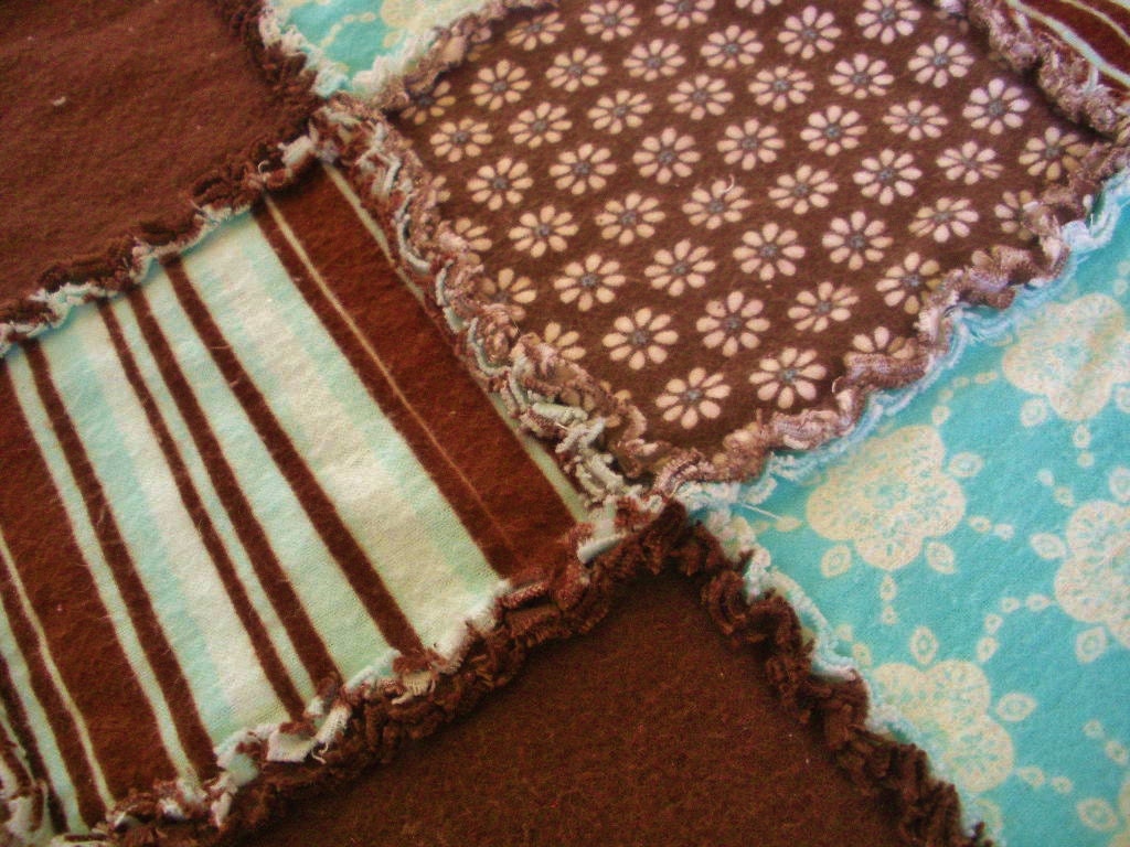 Chocolate Brown and Blue with Stripes/Flowers Flannel Rag Edge Quilt