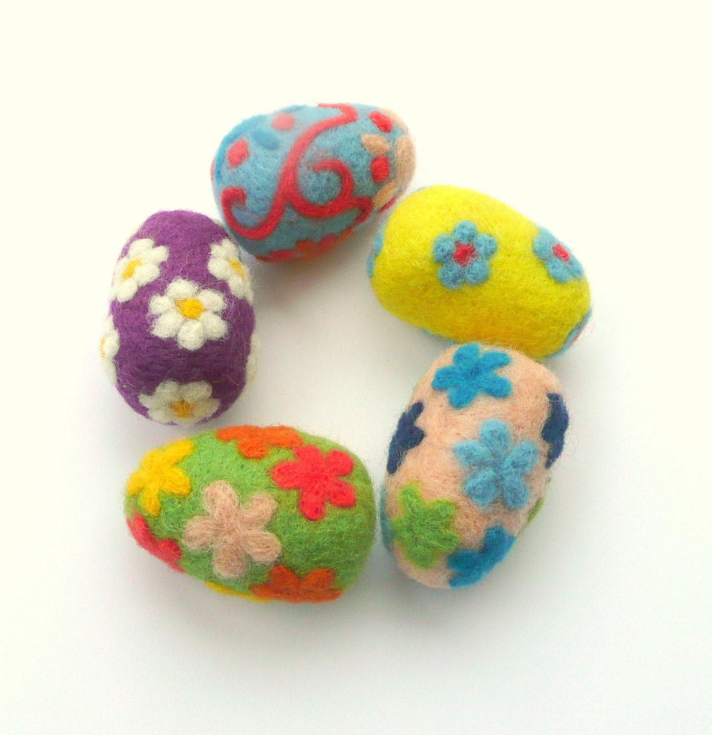 Felted Easter eggs 5 wool handmade magic whimsy ornaments decorations decor waldorf children toy flowers yellow green blue purple Valentines