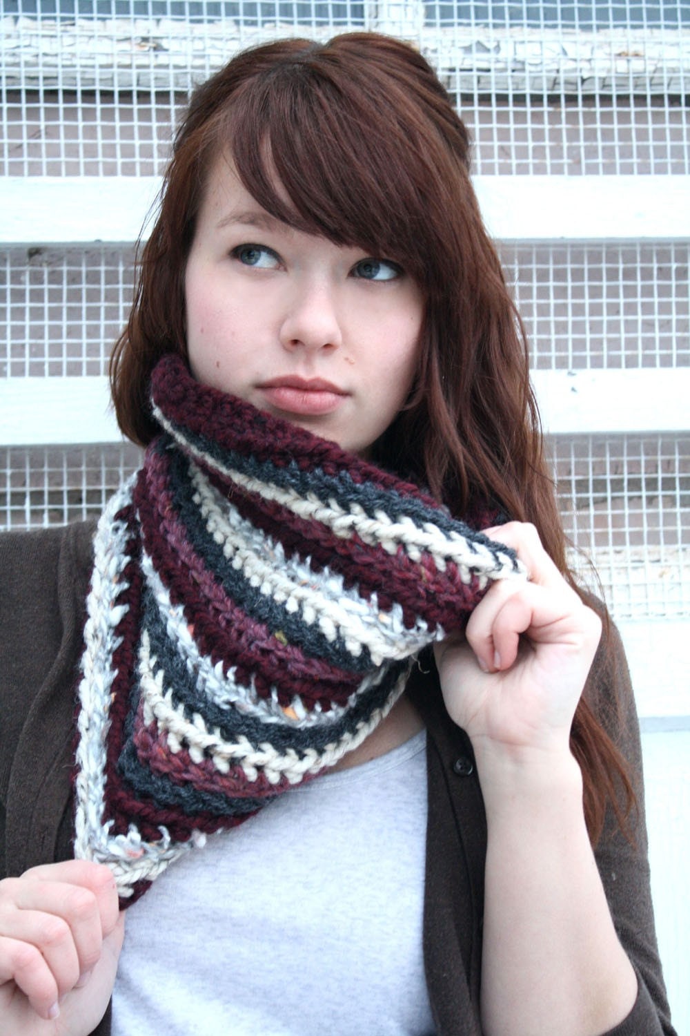 Deep Berry, Charcoal, and Ivory Kaleidoscope Cowl Scarf