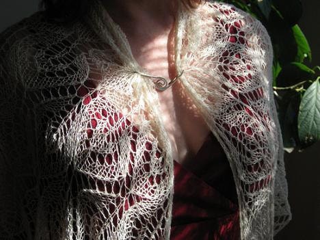 handknit ivory wedding shawl in silk and merino lace with clear glass beads