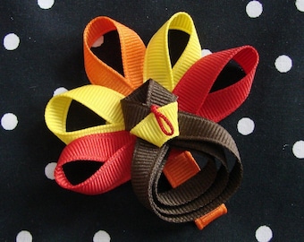 Thanksgiving Turkey Infant Toddler Hair Bow Clip Brown Red Orange Yellow