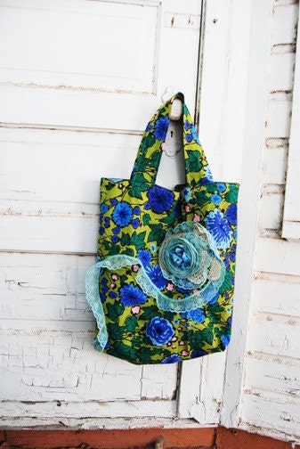 Large Tote - Blue Green Floral Bag - Reclaimed Vintage Textiles