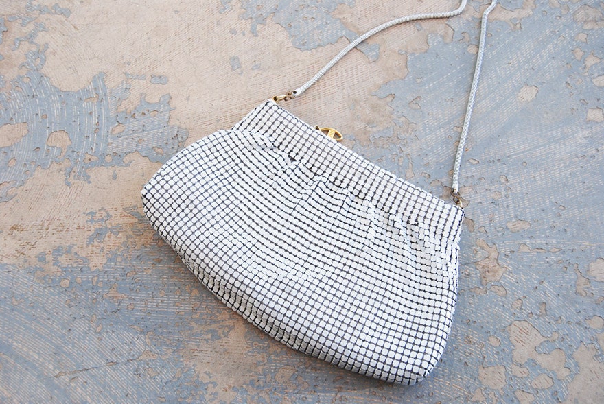 vintage Chainmail Purse - 70s Bag - White Metal Mesh Purse