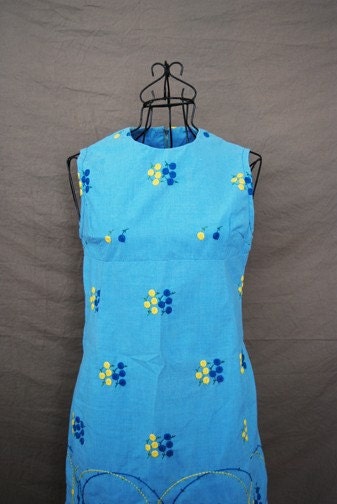 vintage 60s Dress - Embroidered Dress - Blue Floral Shift Dress Sz S