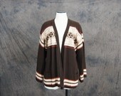vintage Ethnic Sweater - 70s Cardigan - Oversized Slouchy Brown Fairisle Cardigan SZ M L Xl