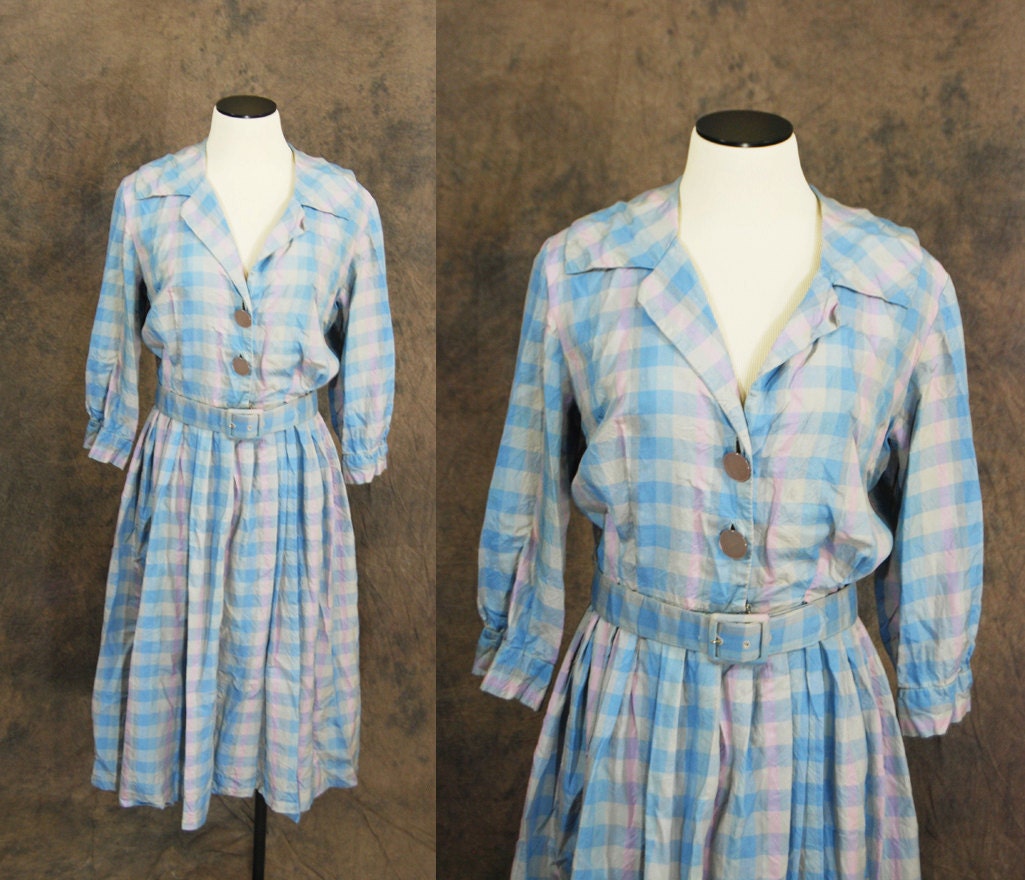 vintage 50s Dress - Silk Dress - Pastel Plaid Dress Sz M